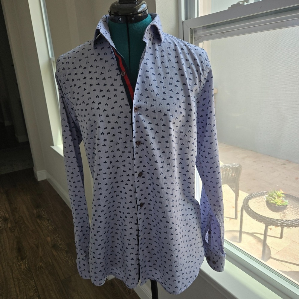 Cremieux Button-up Shirt Mens Large Blue Moped Print Slim Fit Long Sleeve